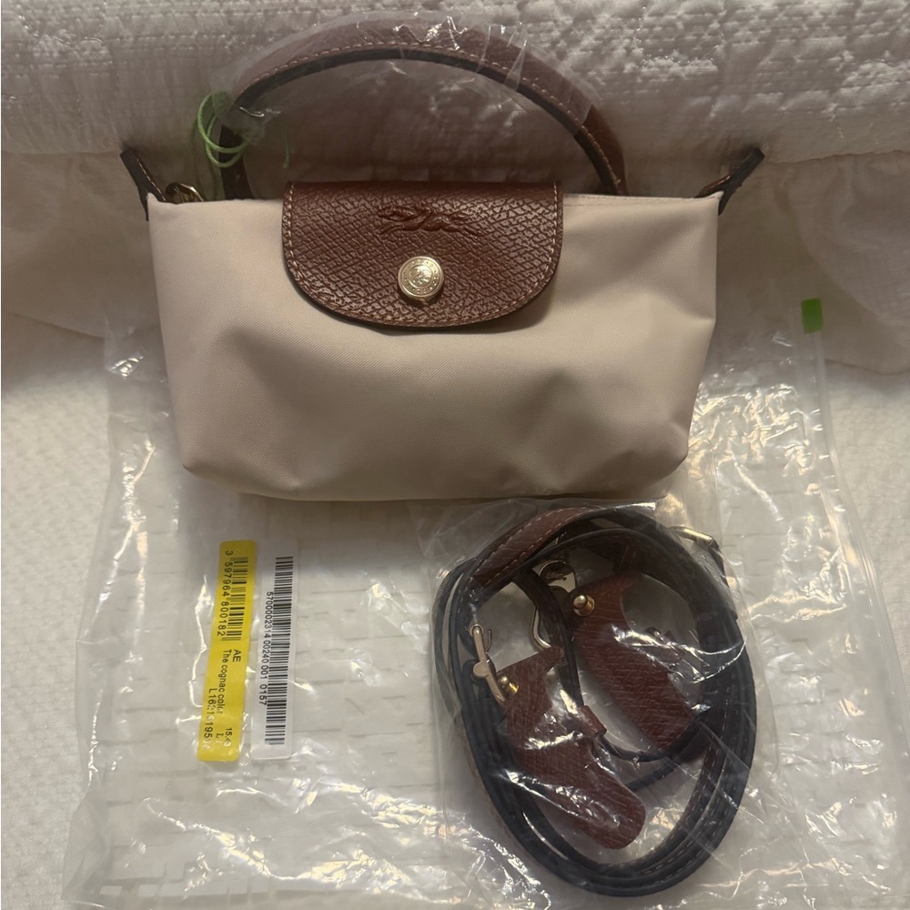 Longchamp Cream Mini Crossbody with Brown Leather Trim